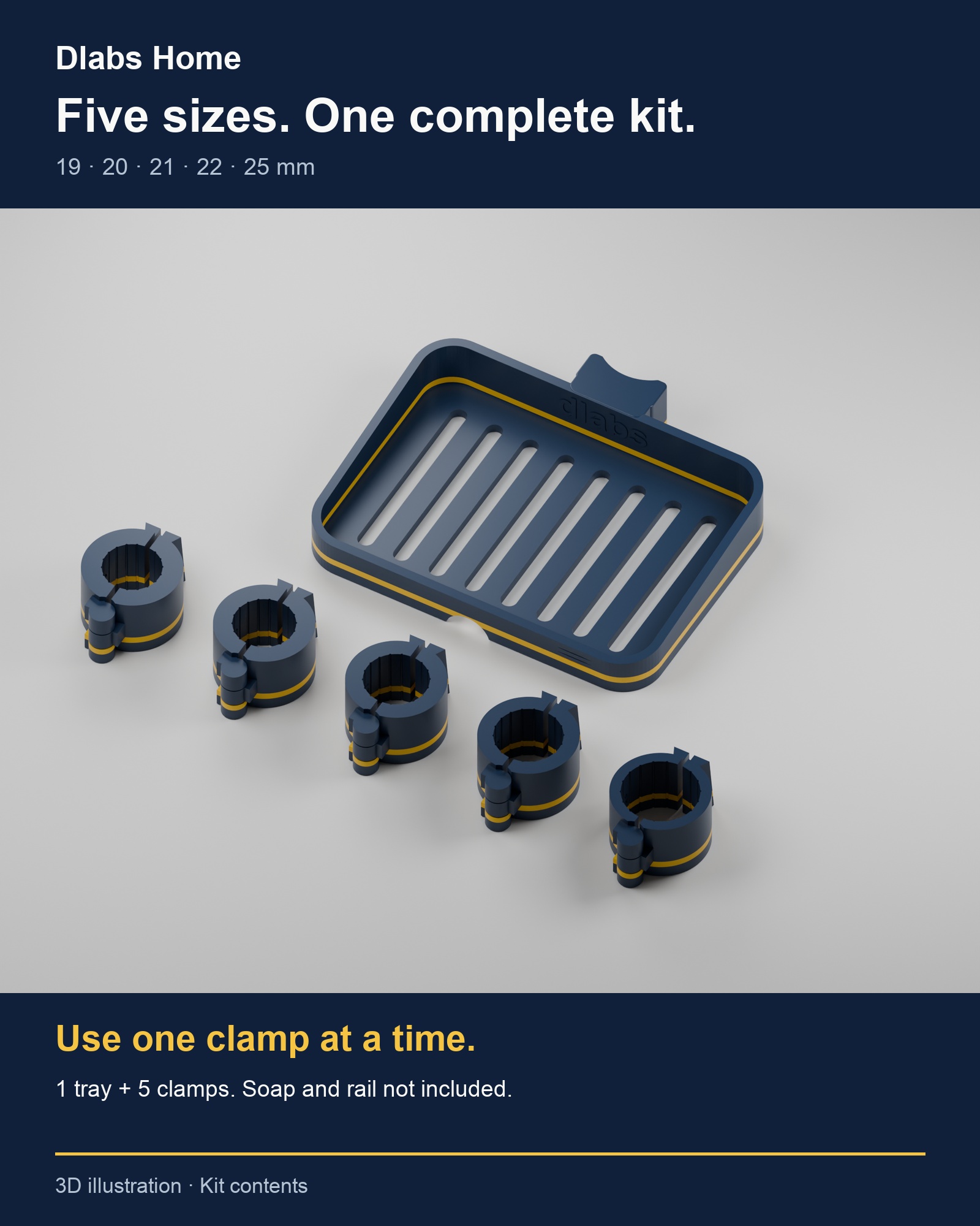3D illustration of the tray and five clamps