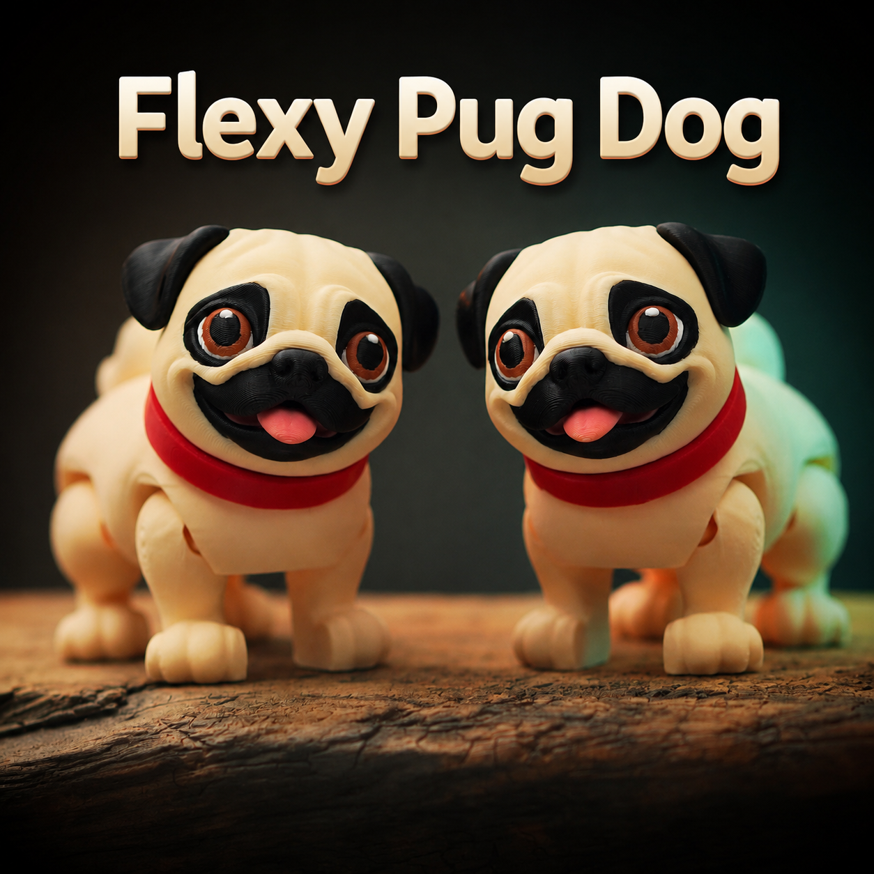 Flexy Pug Dog — cão Pug articulado impresso em 3D com corpo flexy e coleira vermelha