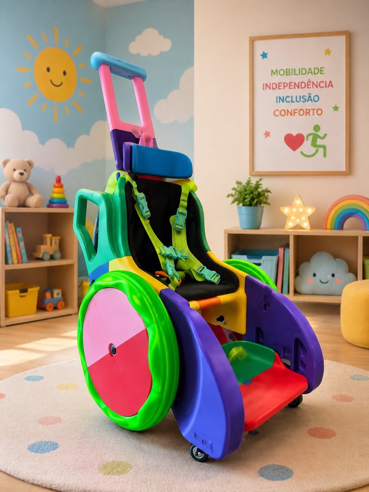 Cadeira de rodas infantil TMT — Toddler Mobility Trainer, impressa em 3D com cores vivas