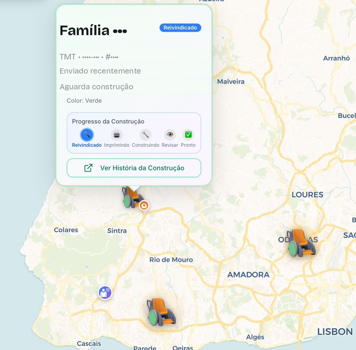 Mapa de pedidos do 3D Mobility, com pedidos de famílias em Portugal a aguardar construção da cadeira